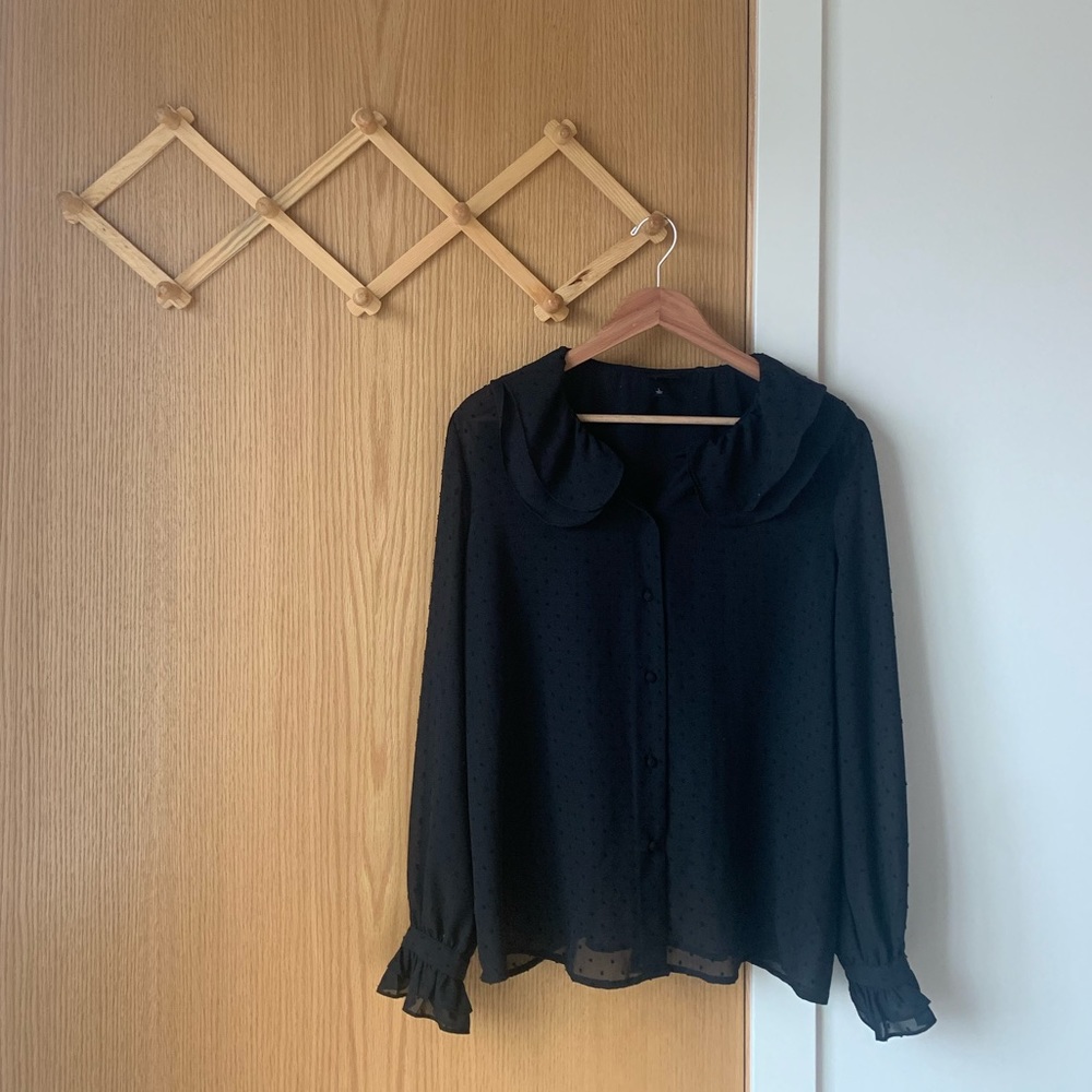 Sheer Black Swiss Dot Collared Blouse